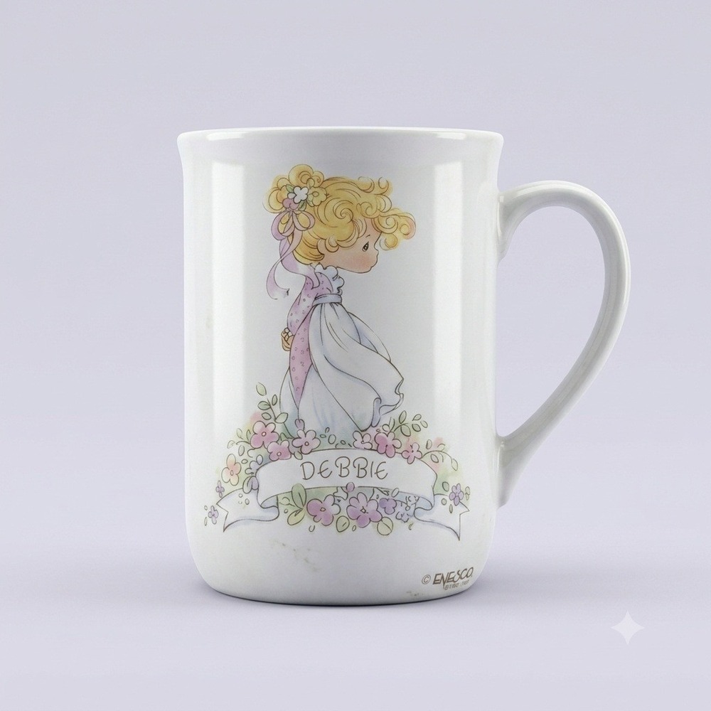 Vintage 1989 Precious Moments Debbie Name Mug Coffee Cup Enesco Floral Lavender